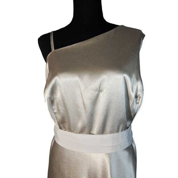 Birdy Grey One Shoulder Satin Maxi Dress Champagne 3X Formal Wedding Trendy Luxe - Picture 3 of 16